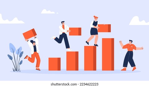 Business team work together, build growth graph. Concept of teamwork, development, leadership, cooperation with people employee carry blocks to chart, vector flat illustration