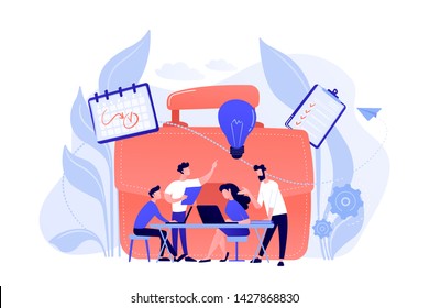 Business Team Work Together With Laptops And Light Bulb. Collaboration, Collaborative Problem Solving And Partnership Concept On White Background. Coral Pink Palette Vector Isolated Illustration.