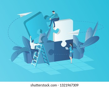Business Team at Work. Vector illustration in flat 3d style. Team Metaphor. People Connecting Puzzle Elements. Success in teamwork. Symbol of cooperation, partnership. Illustration for Landing Page.