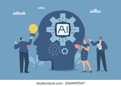 Business team working with AI. Technology helps research important information and create ideas,  AI, Artificial intelligence supports business success, Robot work with company personnel,  Vector.