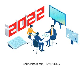 Business team working by the desk next to the 2022 New Year sign. Happy new business. Business concept illustration  