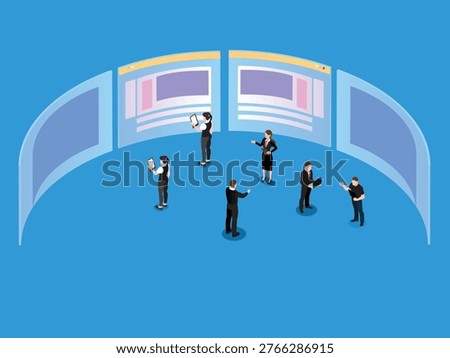 Business Team Working with Data on Large Curved Virtual Screens 3d isometric vector illustration