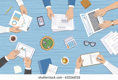 Business team working at desk with documents, laptop, tablet, notebook, calculator, phone, graphics, newspaper, cups. Teamwork, business meeting concept. Planning, reports, corporate managemen. Vector