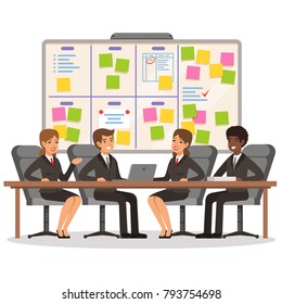 Business Team Working And Make Some Planning On The Scrum Board. Whiteboard And Process Teamwork, Scheme Methodology. Vector Illustration