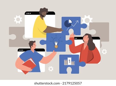 Business team working. Man and women connect puzzles, employees discuss problems via video call or conference. Colleagues and coworkers. Analytics and market research. Cartoon flat vector illustration