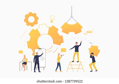 Business team working as mechanism. Operation, teamwork, brainstorming. Management concept. Vector illustration can be used for presentation slide, posters, banners