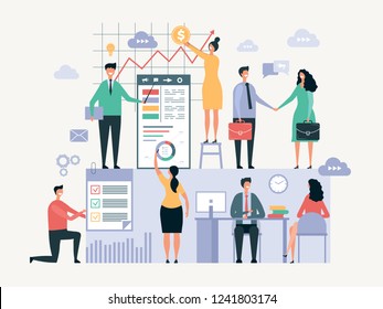 Business team working. Office managers businessmen make together some group work vector abstract oversize characters