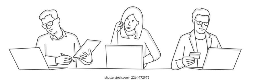 Business team working in office space. Coworking, teamwork concept. Hand drawn vector illustration.