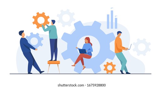 Business team working on cogwheel mechanism together. People carrying gears, using laptops . Vector illustration for teamwork, technology, solution, engineering concept