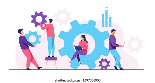 Business team working on cogwheel mechanism together. People carrying gears, using laptops . Vector illustration for teamwork, technology, solution, engineering concept