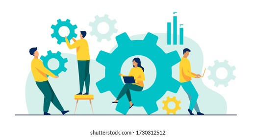 Business team working on cogwheel mechanism together. People carrying gears, using laptops . Vector illustration for teamwork, technology, solution, engineering concept