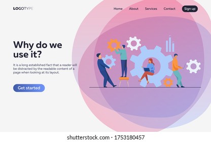 Business team working on cogwheel mechanism together. People carrying gears, using laptops . Vector illustration for teamwork, technology, solution, engineering concept