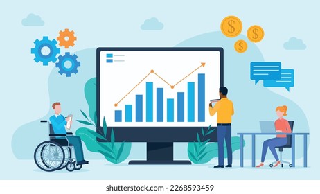 Business team working on data analytics. People, using laptop, tablet and man in wheelchair ist taking notes. Vector illustration for stock market, company grwoth, data, technology, solution, 