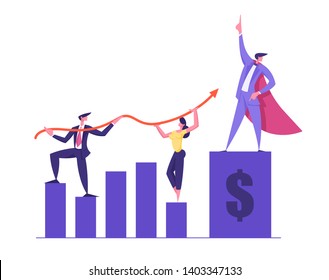 Business Team Working on Growth Arrow Graph. Financial Profit Concept with Business Characters Data Analysis. Vector Flat Cartoon illustration