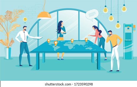 Business Team Working on International Company Development and Trademark Promotion. Business People Cartoon Characters Looking at World Map Mockup in Office Interior. Flat Vector Illustration.