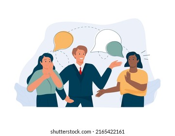 Business team working on a new presentation. Vector illustration, flat style, businessmen discuss social network, news, social networks, chat, dialogue speech bubbles vector
