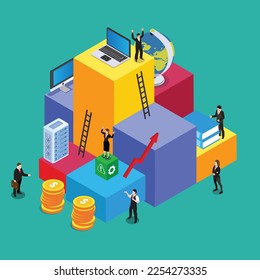 Business team working working on performance 3d isometric vector illustration concept for banner, website, landing page, ads, flyer template