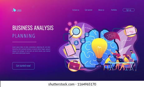 Business team working on project. Project management, business analysis and planning, brainstorming and research, consulting and motivation concept, violet palette. Vector landing page illustration.