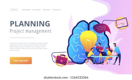 Business team working on project. Project management, business analysis and planning, brainstorming and research, consulting and motivation concept, violet palette. Vector landing page illustration.