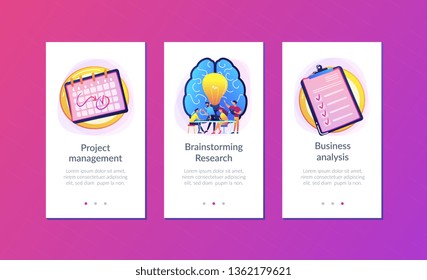 Business team working on project. Project management, business analysis and planning, brainstorming and research, consulting and motivation concept, violet palette. UI UX app interface template.