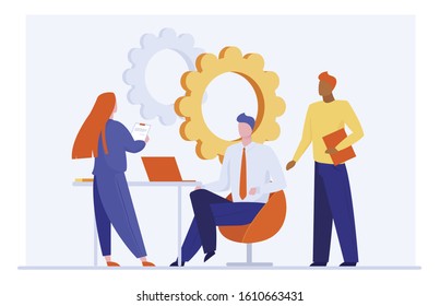 Business team working on project. Office employees, corporate discussion, gears flat vector illustration. Teamwork, cooperation concept for banner, website design or landing web page