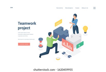 Business team working on project together. Isometric man and woman putting puzzle pieces together while representing teamwork project on website banner vector illustration