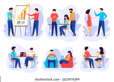 Business team working on project together, vector illustration. Set of company office scenes, men and women interacting and communicating. Business project teamwork, creative workspace concept set