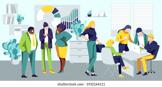 Business team working on project in office. Multicultural employees discussing and working in open space office. Collaboration process, business meeting concept flat vector illustration