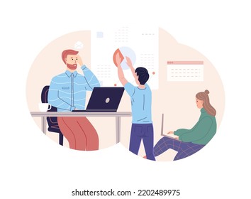 Equipo de negocios trabajando juntos en el proyecto en la oficina. Espacio de trabajo con gente de negocios que trabaja en computadoras portátiles, analizando informes y gráficos de crecimiento. Análisis de datos empresariales, vector plano de marketing