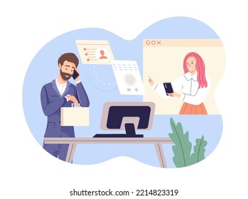 Business team working on project together in office. Coworking space with business people working at laptop and smartphone, analyzing messages and online meeting. Business data analytics, marketing