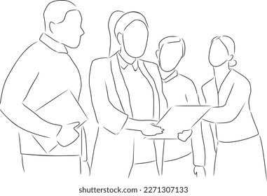 Business team working on a project, vector. Hand drawn sketch. A company of several people, men and women are holding documents in their hands.