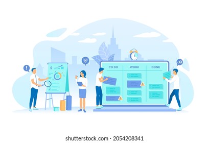 Business team working on projects. Project Management, Application Service for corporate managing, Team control, Manager work. Vector illustration flat style.	
