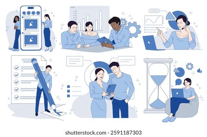 Business team working on various tasks, flat graphic style, white background. Concept of teamwork, productivity, and project management. Vector illustration