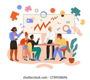 Business team working and talking together on startup or current company issues and strategy of development. Business people meeting. Flat style vector illustration isolated on white background.