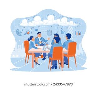 Business team working and talking together. Discussing about starting an IT business at a large conference table using wireless cloud computing services. 