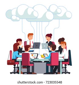 Business team working & talking together on IT startup business at big conference desk using wireless cloud computing service. Flat style vector illustration isolated on white background.