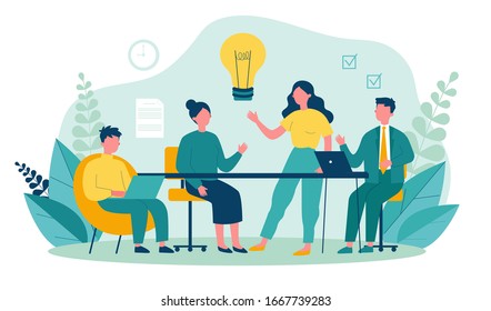 Business team working together, brainstorming, discussing ideas for project. People meeting at desk in office. Vector illustration for co-working, teamwork, workspace concept