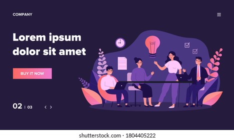 Business team working together, brainstorming, discussing ideas for project. People meeting at desk in office. Vector illustration for co-working, teamwork, workspace concept