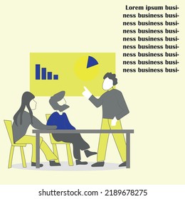 Business Team Working Together, Brainstorming, Discussing Ideas For Project. People Meeting At Desk In Office. Illustration For Co-working, Teamwork, Workspace Concept.yellow, Grey And Blue Colors .