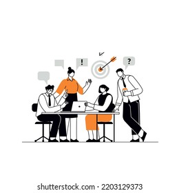 Business team working together, brainstorming, discussing ideas for project. People meeting at desk in office. Vector illustration for co-working, teamwork, workspace concept