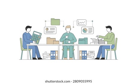 Business team working together at a desk with calculators and financial documents to analyze complex data reports and improve productivity.
