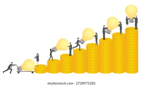 Business Team Working Together to Move Idea Lightbulbs Up Gold Coin Staircase for Wealth Growth and Strategic Investment Success Concept.