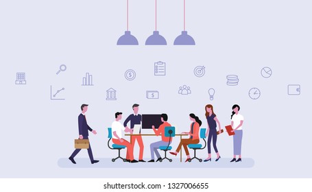 business team working together in office with financial icons - vector