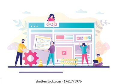 Business team working together on web page design. People building website interface on computer. Concept of website builder, development,teamwork. Characters in trendy style. Flat vector illustration