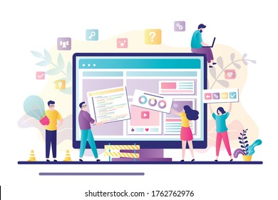 Business team working together on web page design. People building website interface on computer. Web development, teamwork, new internet project. Characters in trendy style. Flat vector illustration