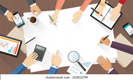 Business team working together on a new idea, desktop top view with hands of men and women working