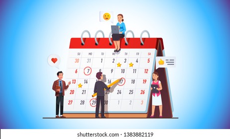 Business team working together planning scheduling week & month operations agenda making employee assignments on big spring desk calendar. Drawing day mark on planner meeting. Flat vector illustration