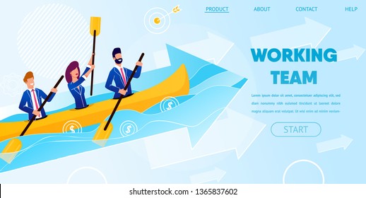 Business Team Working Together Rowing Boat Across Ocean along with Arrow Growing Up. Team Working People Characters Floating to Success Metaphor. Cartoon Flat Vector Illustration. Horizontal Banner