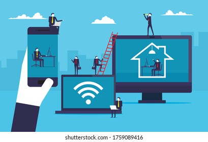 Equipo de negocios trabajando juntos con tecnología de dispositivos en línea. Concepto vectorial de estilo de diseño plano
