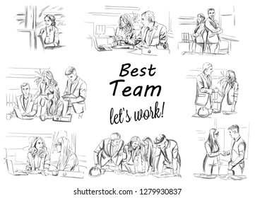 Business team working Vector storyboard. Business woman working on laptop. Team having a meeting Vector. Business projects. Storyboard digital template. Sketch style line art